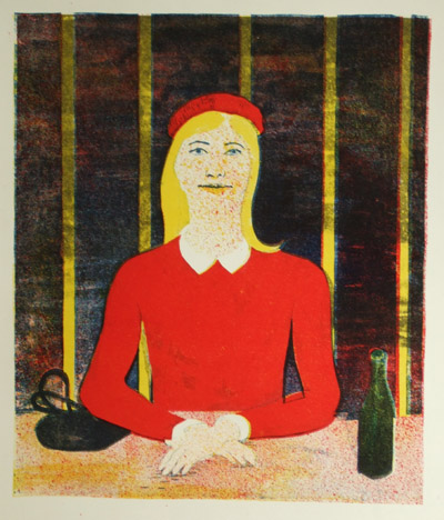Pige i rødt på værtshus. 1969. Litografi.
