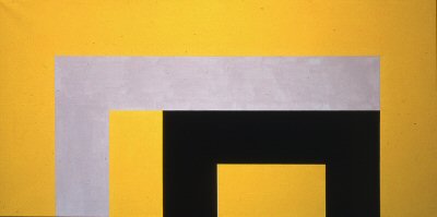 Hvid og sort på gul bund 1978. Tempera på lærred. Søren Birk Pedersen.