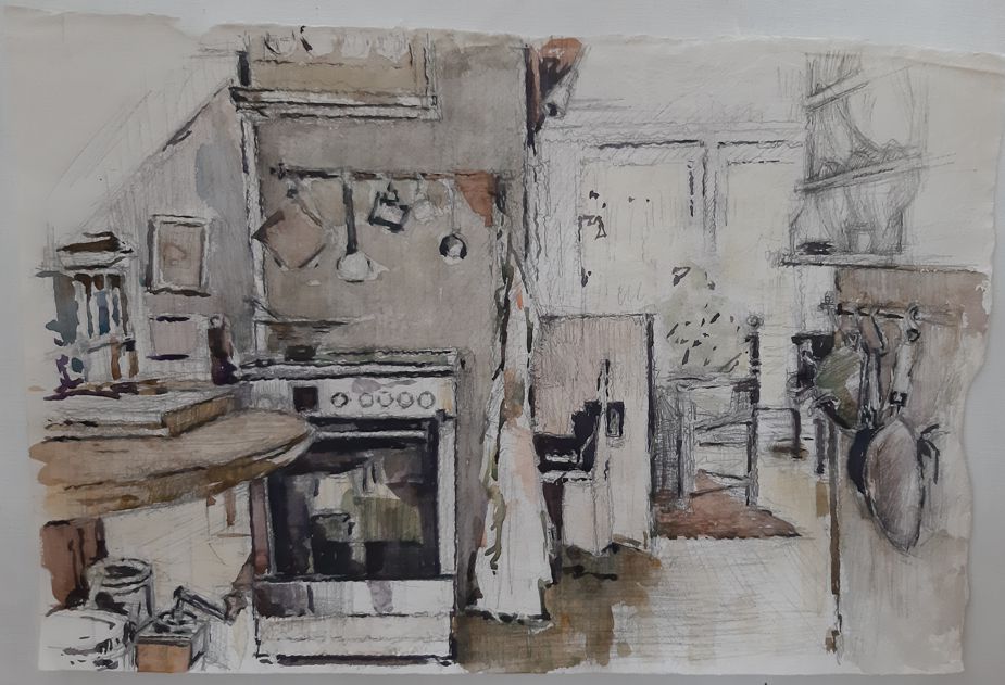Køkkensiden i Vollerup. 2020, Akvarel og blyant